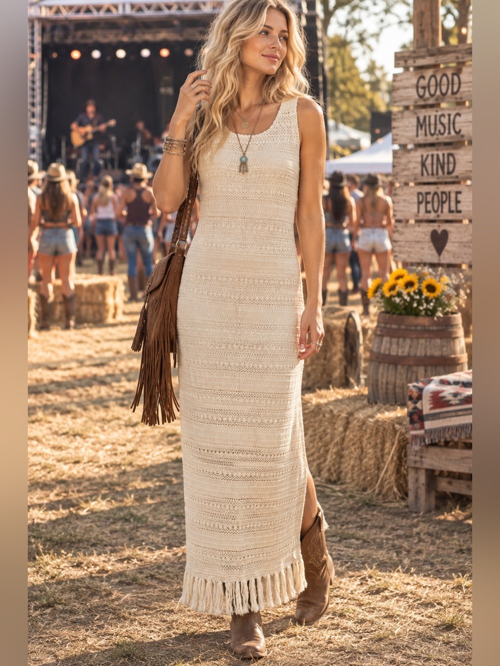 London Times Crochet Maxi Dress 2 XS S Ivory Cotton Fringe Boho Festival Beach